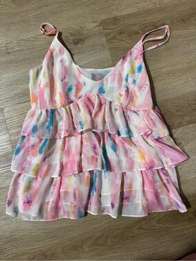 Rory Beca Pink Multicolor Watercolor Ruffle Tank Sz M